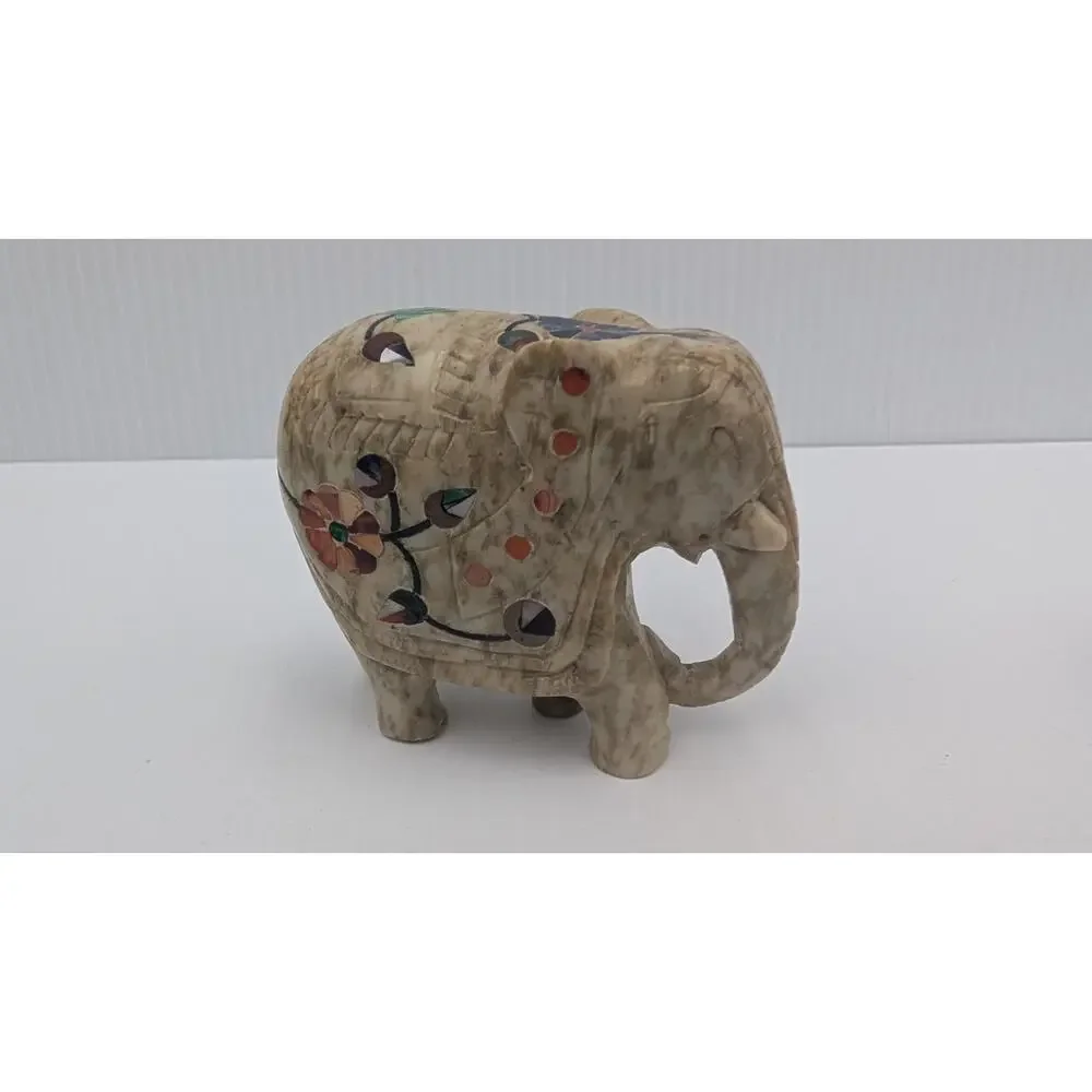 Set of 3 Inlaid Stone Marble (?) Elephants Floral Figurine Lot